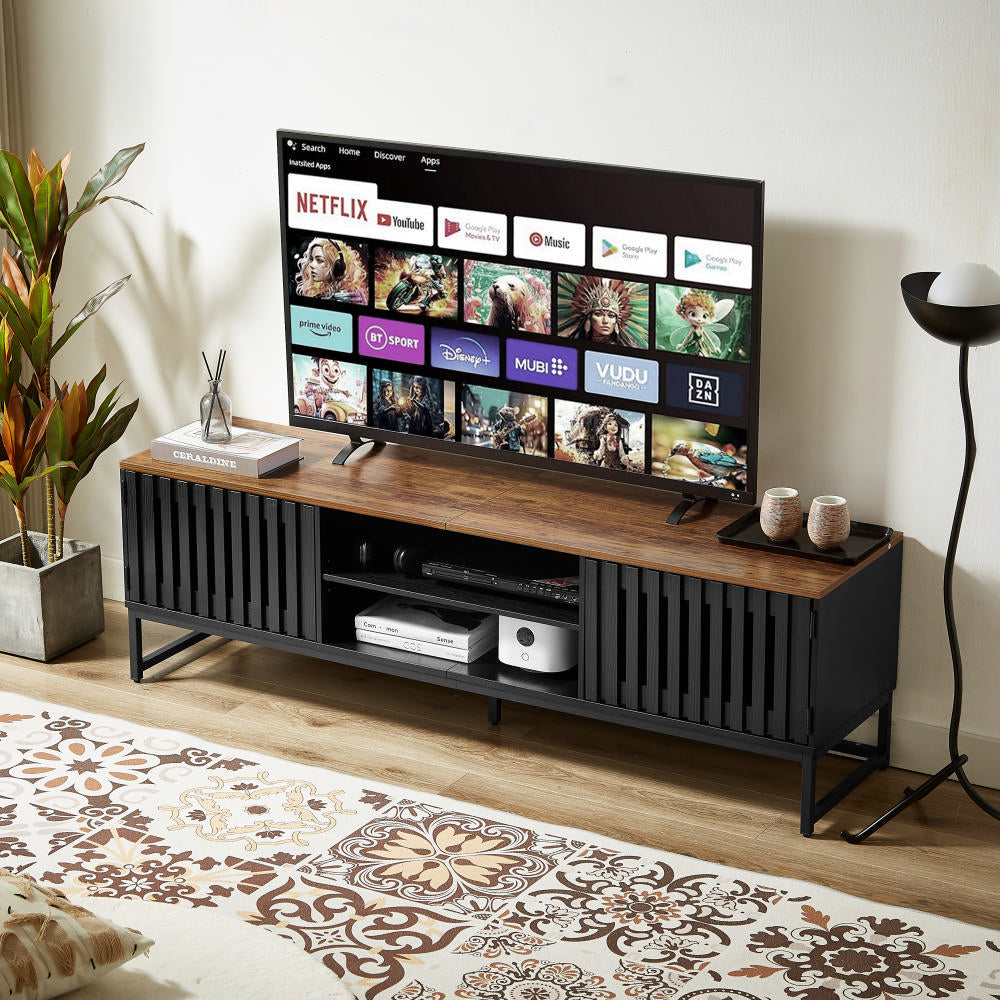 63 Inch Mid Century Modern TV Stand With Slatted Grille Striped Doors, TV Stand With Storage, Entertainment Center For Living Room Bedroom, TV Media Console