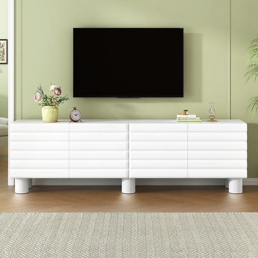 Stylish Thick Wavy Door TV Cabinet With Adjustable Shelves, Cream Style TV Stand With 4 Cabinets For TVs Up To 75, Solid Media Console With Cylindrical Legs And Cable Holes For Living Room, White