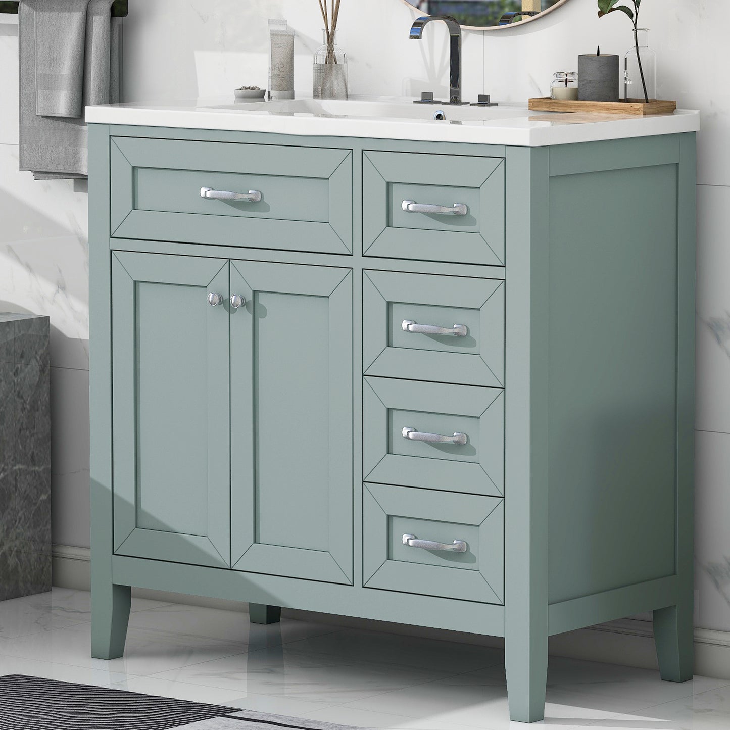 36  Bathroom Vanity With Sink Combo, Green Bathroom Cabinet With Drawers, Solid Frame And MDF Board  Old