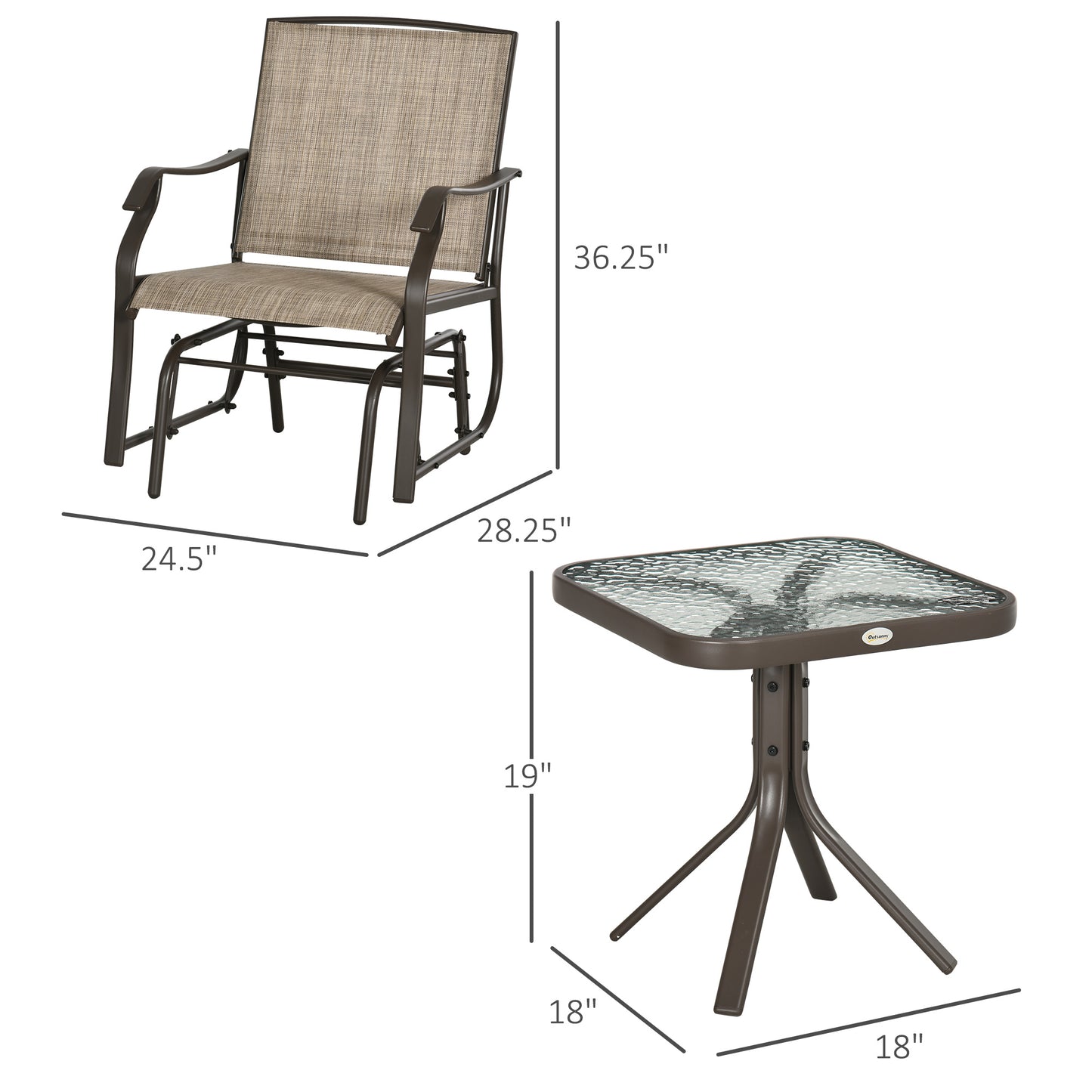 3 Piece Outdoor Glider Chair With Coffee Table Bistro Set, 2 Patio Rocking Swing Chairs With Breathable Sling Fabric, Glass Tabletop, For Backyard, Garden And Porch, Mixed Brown