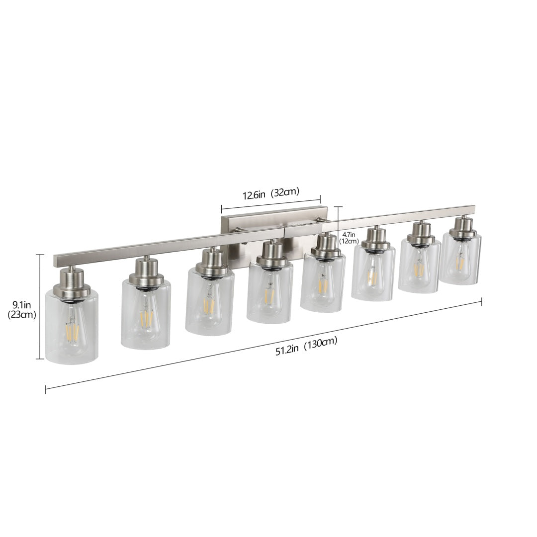 51  Modern 8-Light Bathroom Vanity Light Fixture - Brushed Nickel Finish With Clear Glass Shades, Perfect For Bathroom, Vanity, And Dressing Area Lighting  No Bulbs
