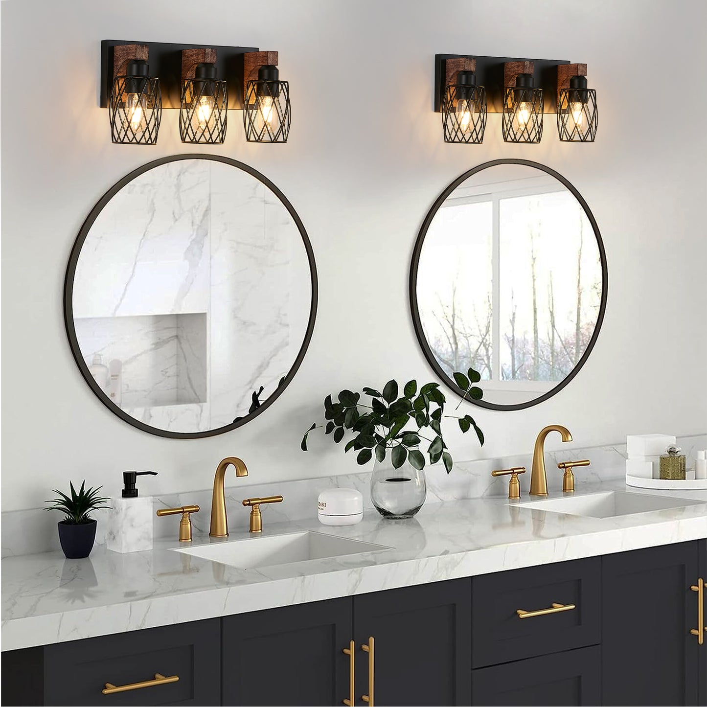18 Industrial Vintage 3-Light Wall Sconce - Black Cage Wall Lighting Fixture With Wooden Accents For Bathroom, Hallway, Or Living Room  Bulb Not Included