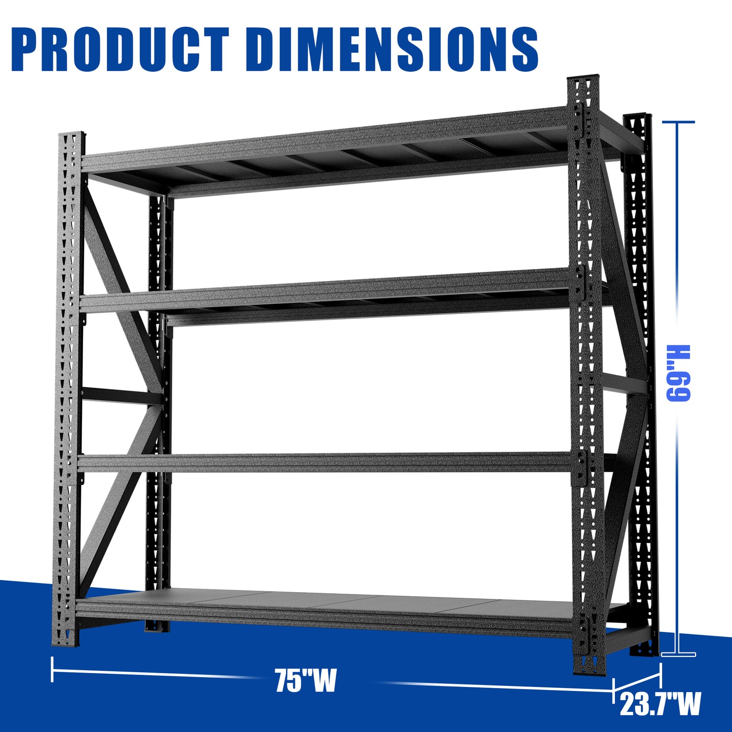 Heavy Duty Garage Shelving 6000LBS, Extra Wide Metal Adjustable Shelves  69 H X 75 W X 23.7 D  Industrial Storage Unit For Warehouse, Black