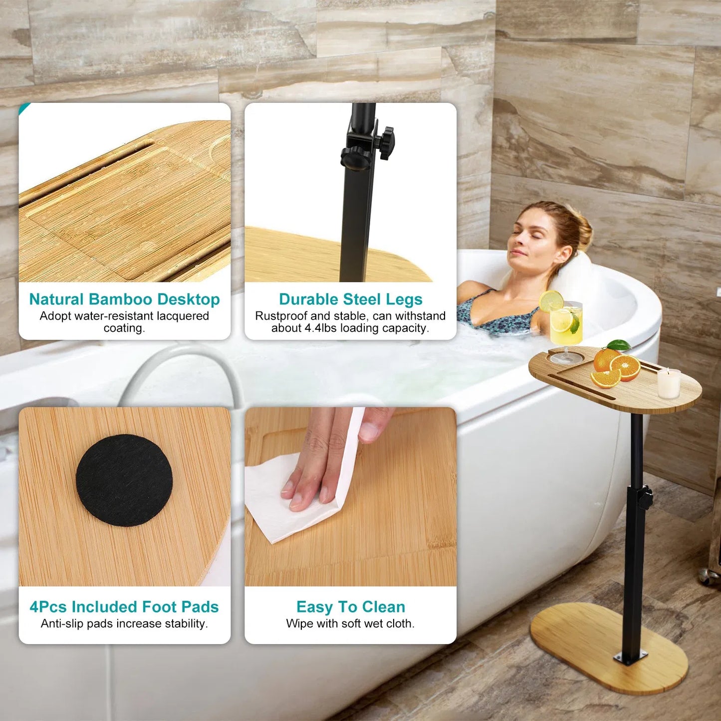 Bath Tub Tray Table, Liftable Freestanding Bamboo Bath Tray Caddy For Tub Against Wall, Bath Table Tray Tub Shelf Bathroom Organizer Shelf For Luxury Spa, Bath Home Spa Bathtub Accessories