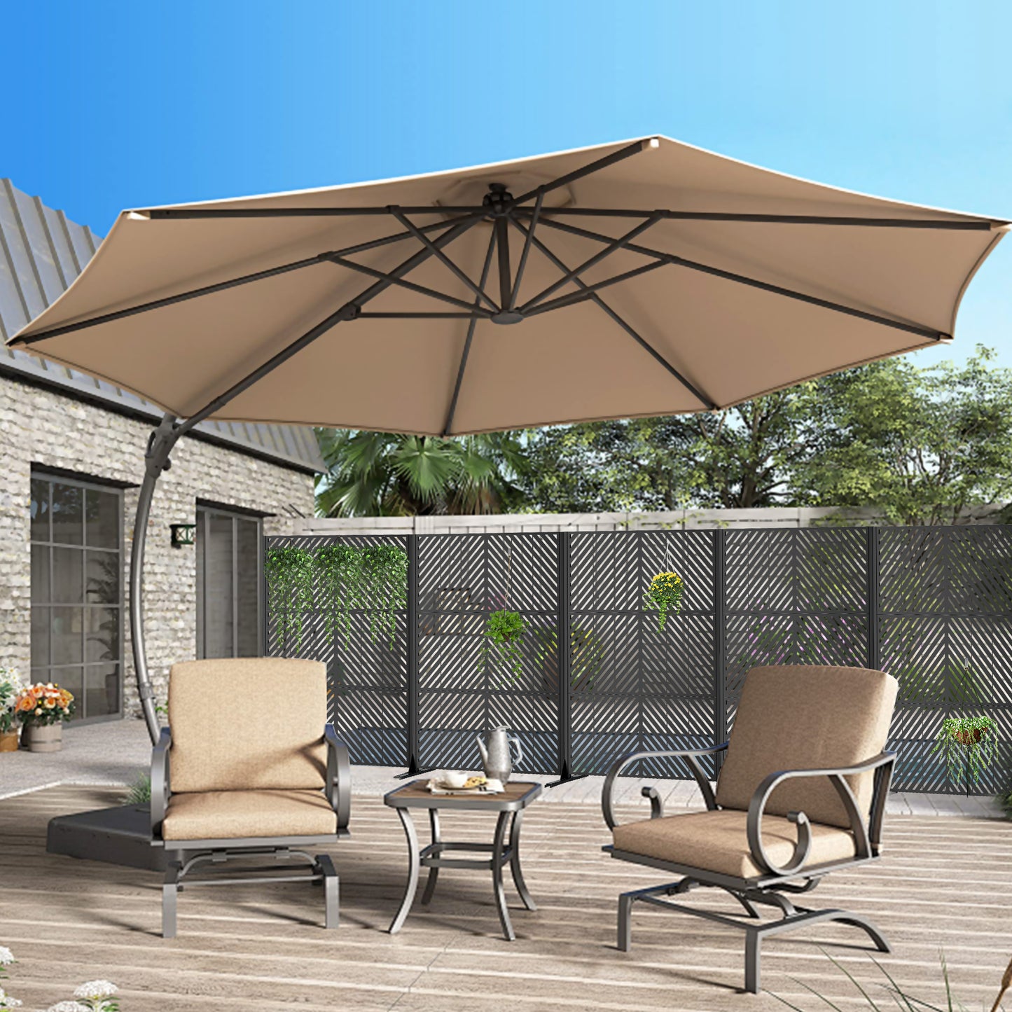 Metal Privacy Screen For Outdoor Freestanding, 72 H X 46 W Decorative Metal Fence Panels With Stable Base, Portable Divider Screens For Patio, Deck, Balcony, Backyard, Garden
