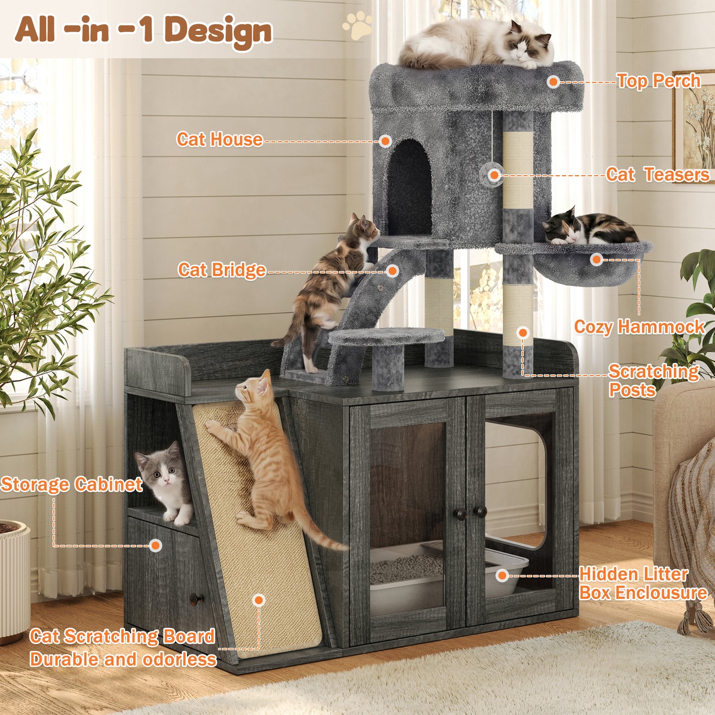Litter Box Enclosure With Cat Tree, Hidden Litter Box With LED Light, Sisal Scratching Board And Storage Space, Modular  Litter Box Furniture With Condo And Platform, All-in-one Cat Tower,Grey
