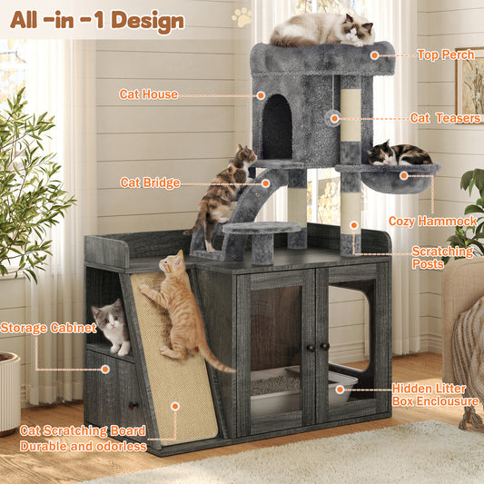 Litter Box Enclosure With Cat Tree, Hidden Litter Box With LED Light, Sisal Scratching Board And Storage Space, Modular  Litter Box Furniture With Condo And Platform, All-in-one Cat Tower,Grey