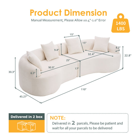 Curved Boneless Sofa Compression Modular 110'' Sectional White High-Density Couches Sleeper For Living Room Bedroom Apartment Lounge Chenille
