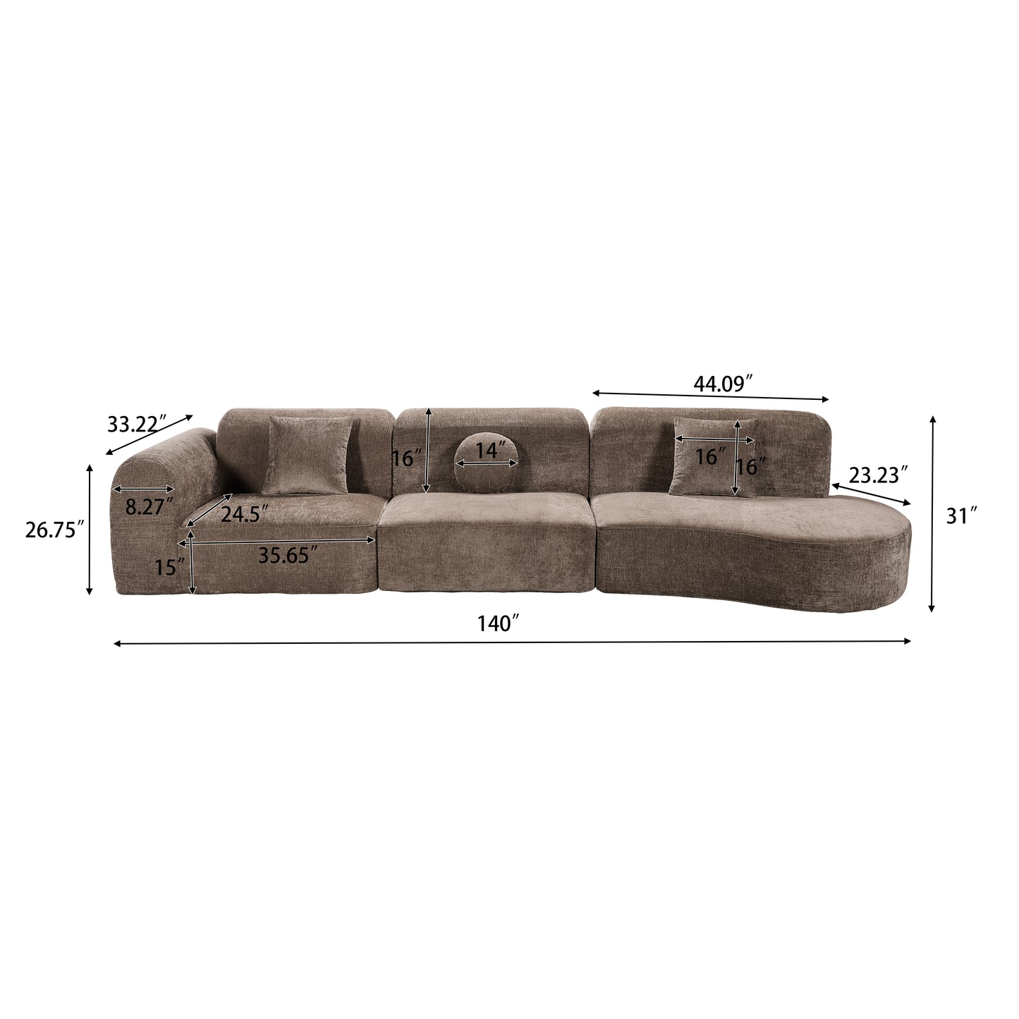140  Modern Curved Sectional Sofa With High-Density Fully Compressed Sponge And Chaise Lounge, 3-Piece Set, Fully Assembled Right Hand Facing, Perfect For Living Room, Lounge