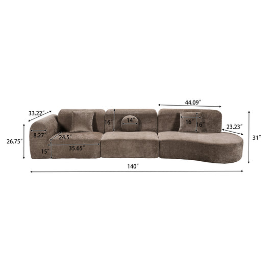 140  Modern Curved Sectional Sofa With High-Density Fully Compressed Sponge And Chaise Lounge, 3-Piece Set, Fully Assembled Right Hand Facing, Perfect For Living Room, Lounge