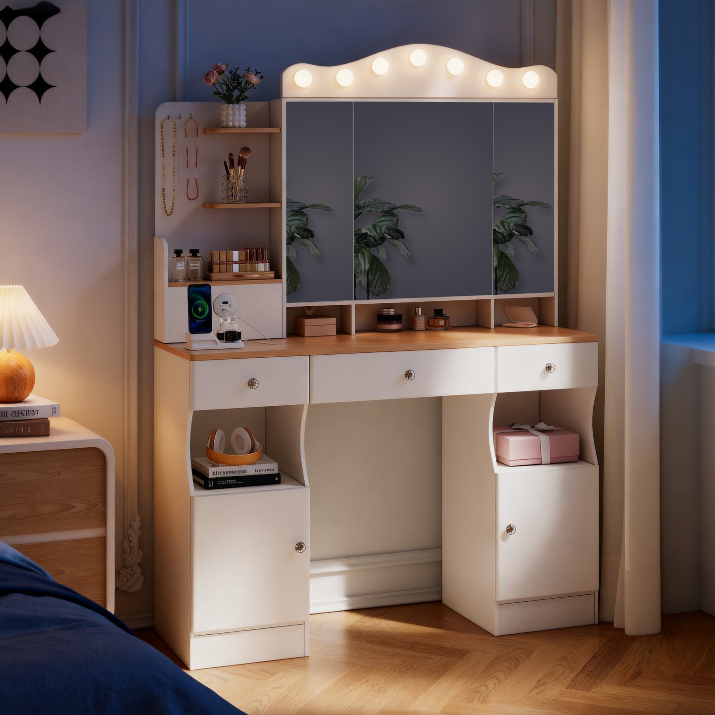 Vanity Desk With Mirror And Lights,Makeup Vanity With  2 USB Power Strip, Vanity Set With Three Drawers And Two Cabinet, 7 Lights With 3 Lights Colors, Foldable Three-sided Mirror White