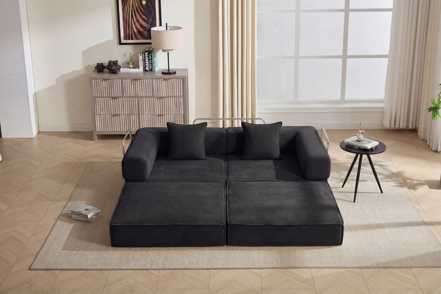 78  Convertible Sofa Bed, Modular Corduroy Couch With 2 Pillows, Space-Saving Compressed Floor Sofa, Ideal For Living Room, Bedroom, Apartment,Black.