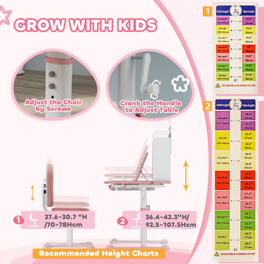 Height Adjustable Kids Desk And Chair Set For Writing Drawing W/ Tilt Desktop, Storage Drawer And Reading Rack, Pink