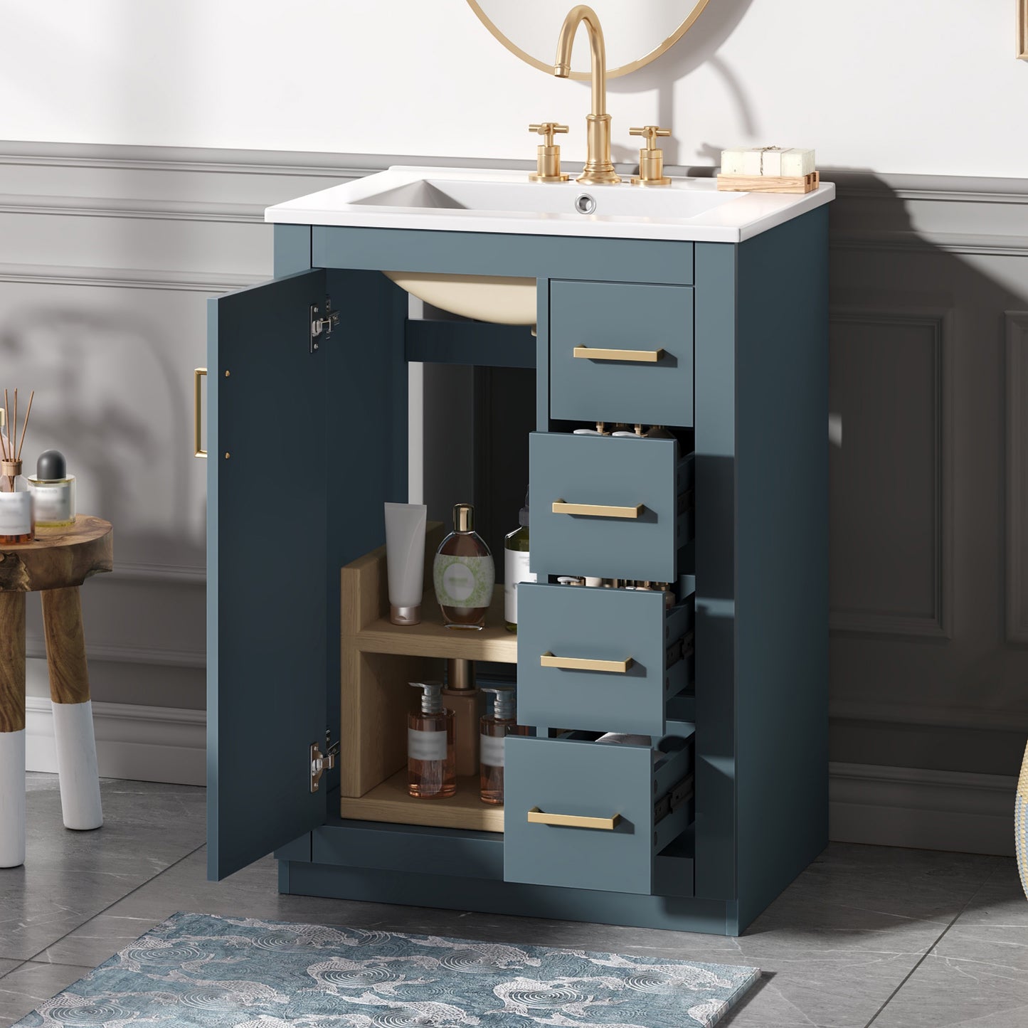 24   Bathroom Vanity With Integrated Ceramic Sink, Bathroom Cabinet With 1 Door, 3 Drawers, Single Sink Bathroom Vanity For Small And Medium Restroom, Blue
