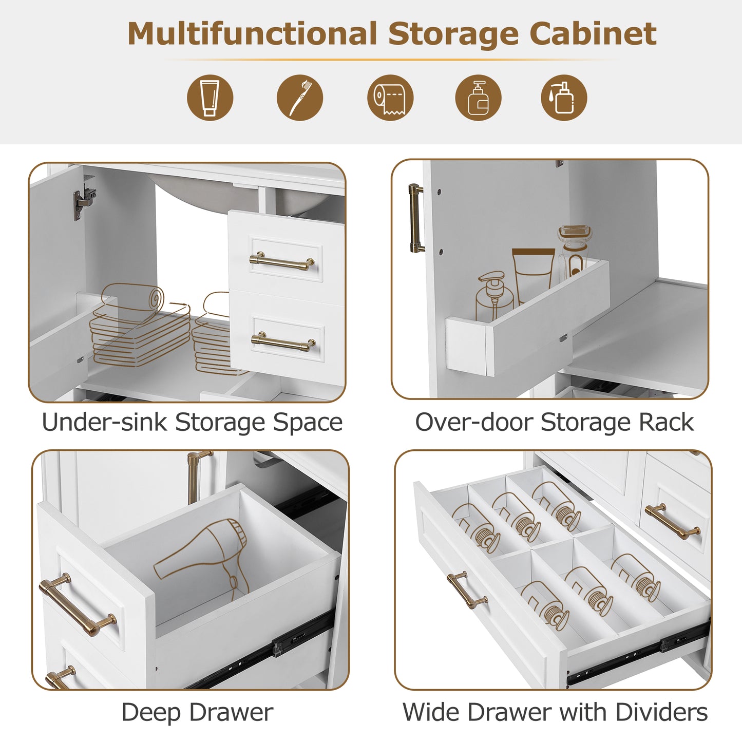 30  Bathroom Vanity With Ceramic Sink, Soft-Close Door With Built-in Shelf, Deep Drawer, Standard Drawer, Long Divider Drawer, Ample Storage Cabinet For Bathroom, Modern & Functional Design