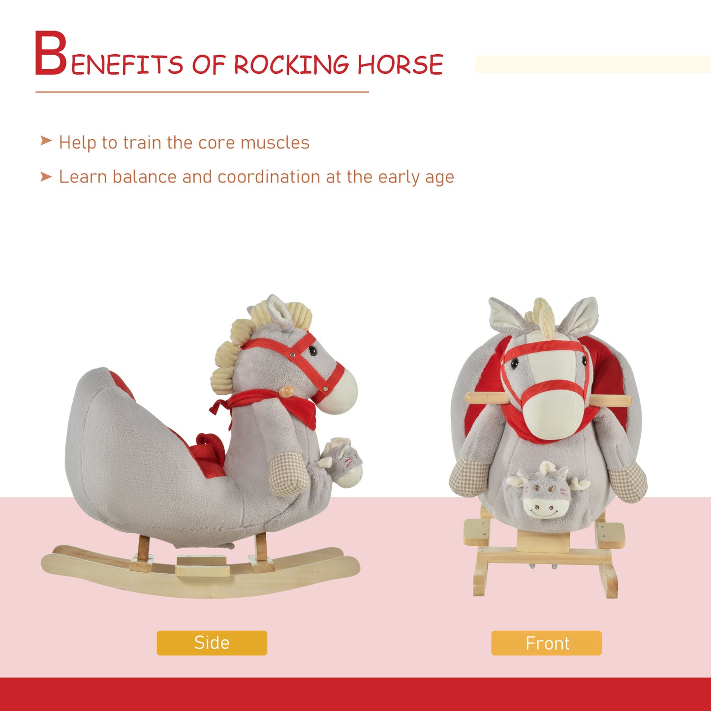 Kids Ride-On Rocking Horse Toy, Rocker With Lullaby Song, Hand Puppets & Soft Plush Fabric For Children 18-36 Months, Gray