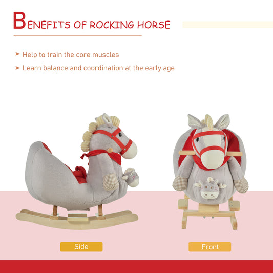 Kids Ride-On Rocking Horse Toy, Rocker With Lullaby Song, Hand Puppets & Soft Plush Fabric For Children 18-36 Months, Gray