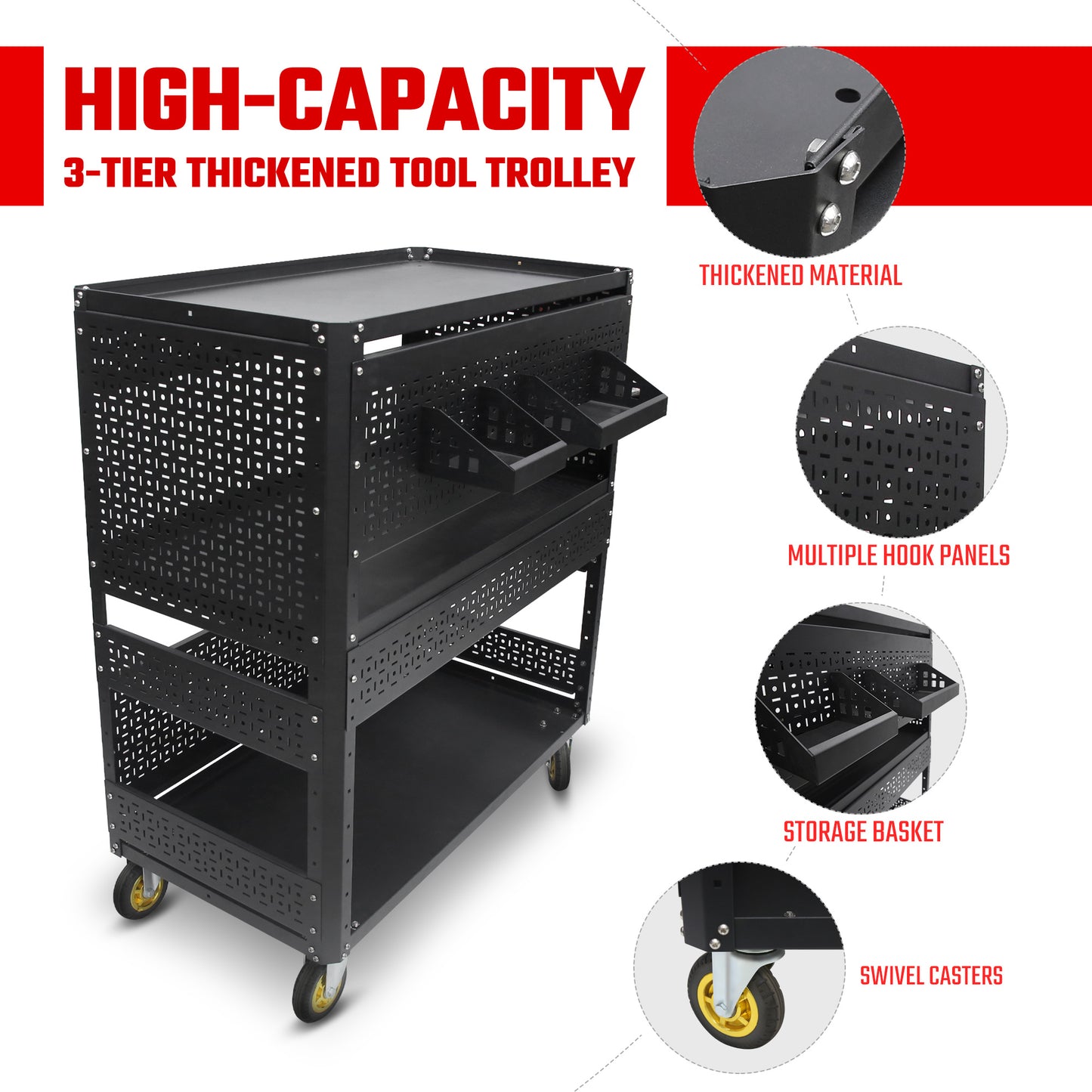 3-Tier  DIY Detachable Utility Cart Storage Tool Cart With Steel Pegboard, Foldable Rolling Tool Cart With Wheels For Garage Organizer And Tool Storage