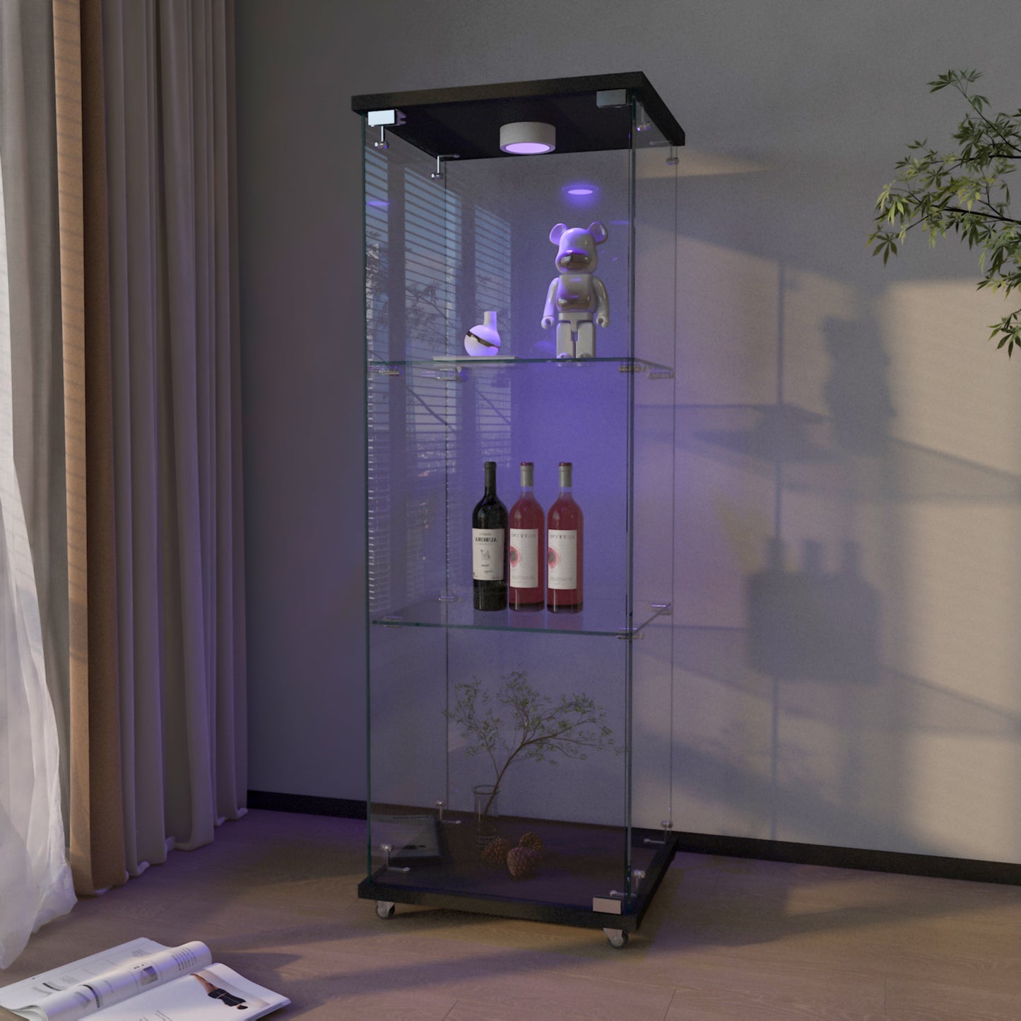 Modern Glass Display Cabinet With LED Lights, Quick-assembly Antique Cabinet, Tempered Glass Bookshelf, Suitable For Living Room And Bedrooms, 1-door 3-shelf, Black