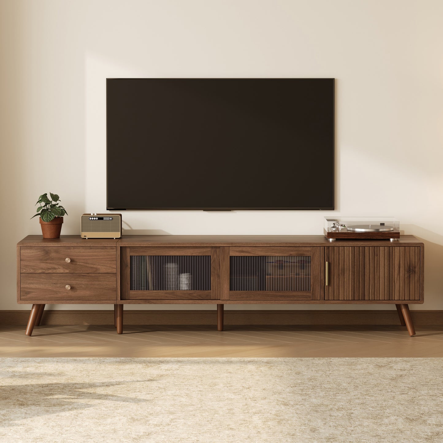 76   Modern Minimal Glass-Doors TV Stand For TVs Up To 85 Inches, Wood-Grain Entertainment Center With Storage Cabinets, TV Media Console Table For Living Room, Bedroom