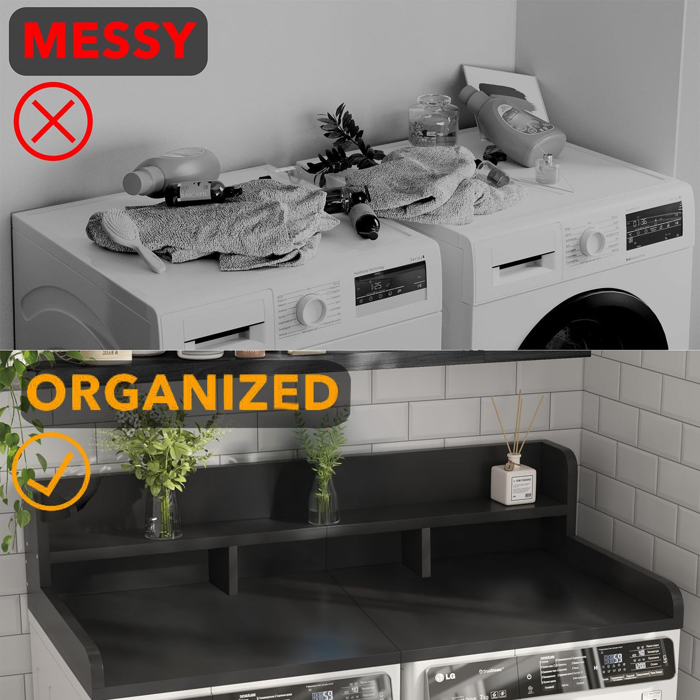 Washer Dryer Countertop With Non-slip Pads, Laundry Wood Shelf Topper With Edge, 54 Width X 27.5 Depth Double Layer Organizer For Washer And Dryer Laundry Hamper Counter Storage Organization BLACK