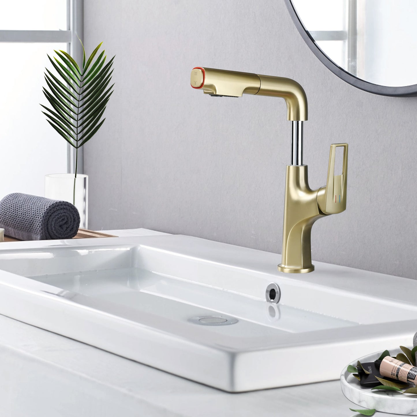 Brushed Gold Pull-Down Vessel Faucet - Single Hole Bathroom Sink Faucet With Lift Spout & Dual Spray Modes