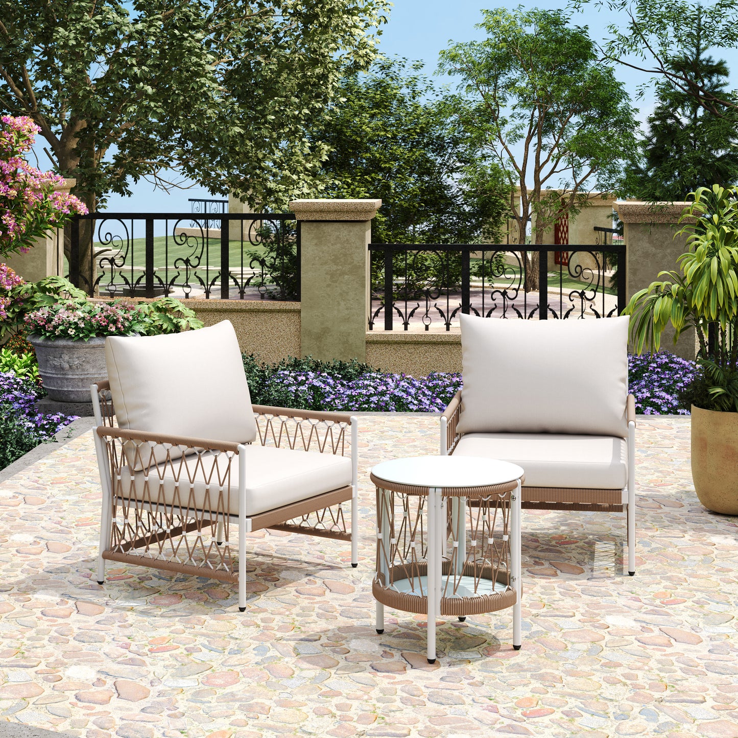 3-Piece Bohemian Outdoor Furniture Set With 2 Lounge Chairs & Glass Top Side Table - Handwoven Rope & Powder-Coated Steel Frame - Waterproof Cushions Patio Conversation Set For Garden, Poolside