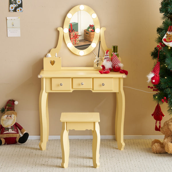 Kids Vanity Set With Mirror And Lights And Stool, 5 Storage Drawers, Pretend Play Princess Makeup Desk Dressing Table And Stool Set For Little Girls Age 3-, Macaroon Orange