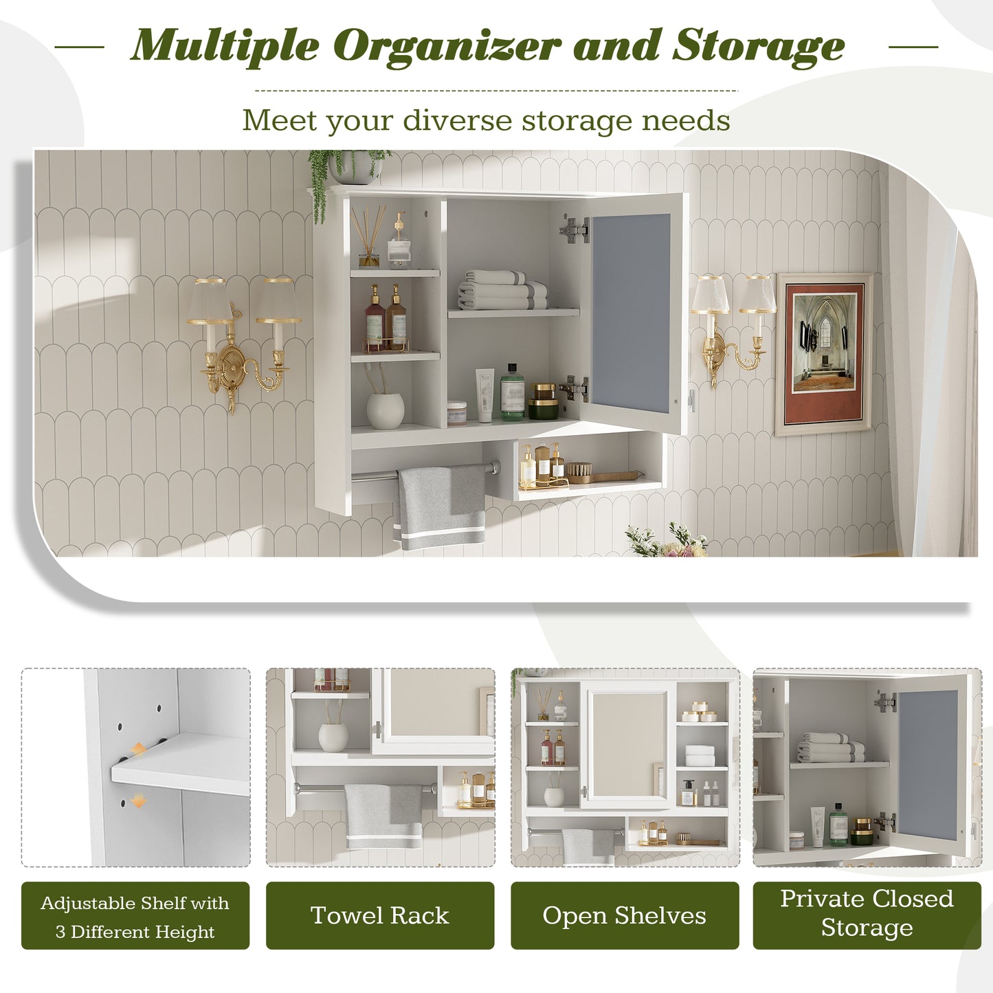35 Inch Wall-Mount 2-in-1 Mirror Cabinet With Adjustable Shelves, Soft-Closing Hinges, Open Shelves, For Bathroom Vanity, Living Room, Bedroom Storage Organizer
