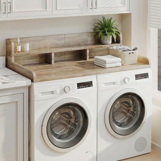 Washer Dryer Countertop With Non-slip Pads, Laundry Wood Shelf Topper With Edge, 54 Width X 27.5 Depth Double Layer Organizer For Washer And Dryer Laundry Hamper Counter Storage Sandy Brown Color