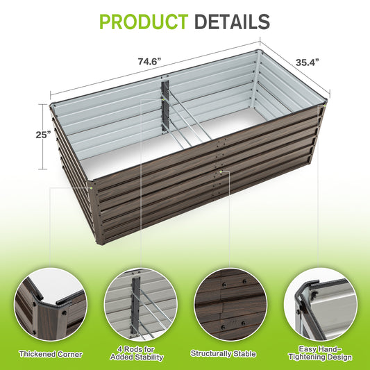 2-Pack 74.6in X35.4inx25in Raised Garden Bed Kit, Metal Elevated Planter Box, Open Drainage Base, 8 Reinforcing Rods, Rustproof Steel With Safety Edging -Easy Assembly For Vegetables, Flowers, Herbs