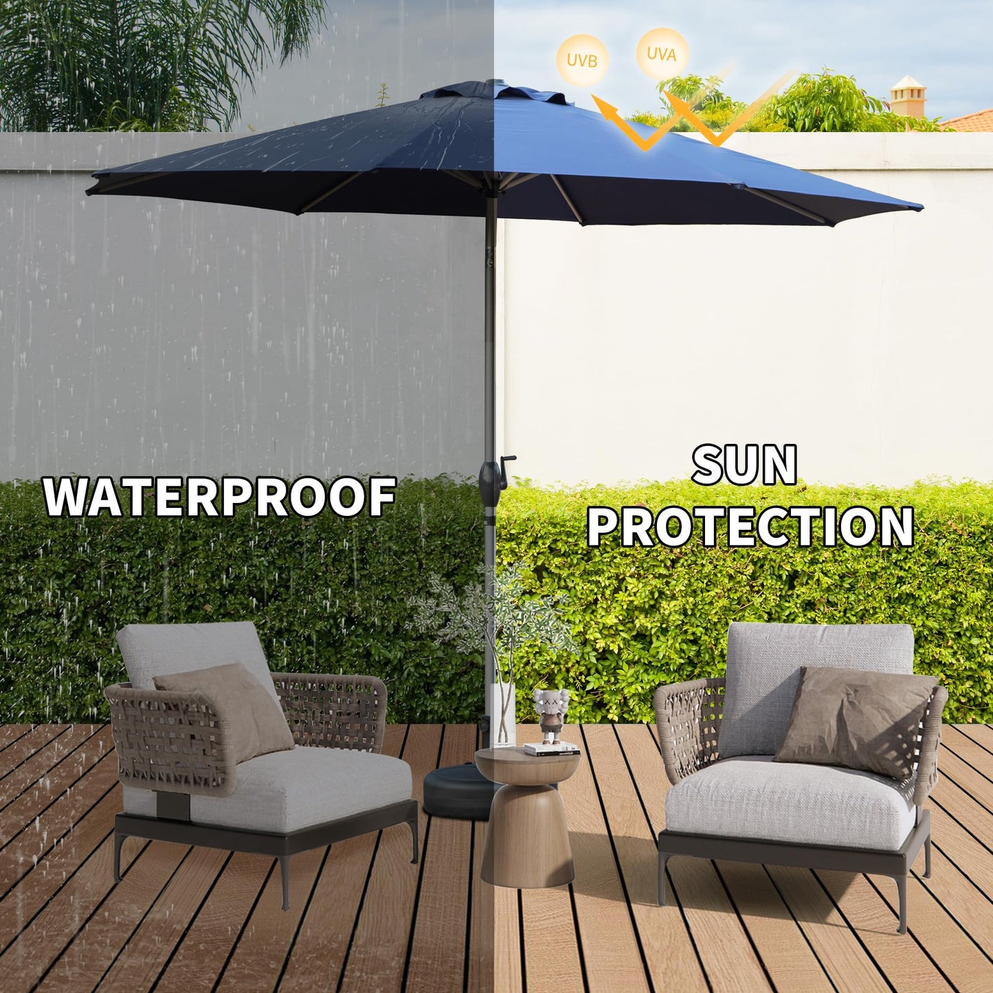 10FT Patio Umbrella, Outdoor Table Umbrella With Push Button Tilt And Crank, UV Protection Waterproof Market Sun Umbrella With 8 Sturdy Ribs For Garden, Backyard, Pool  Navy Blue  - Base Not Include