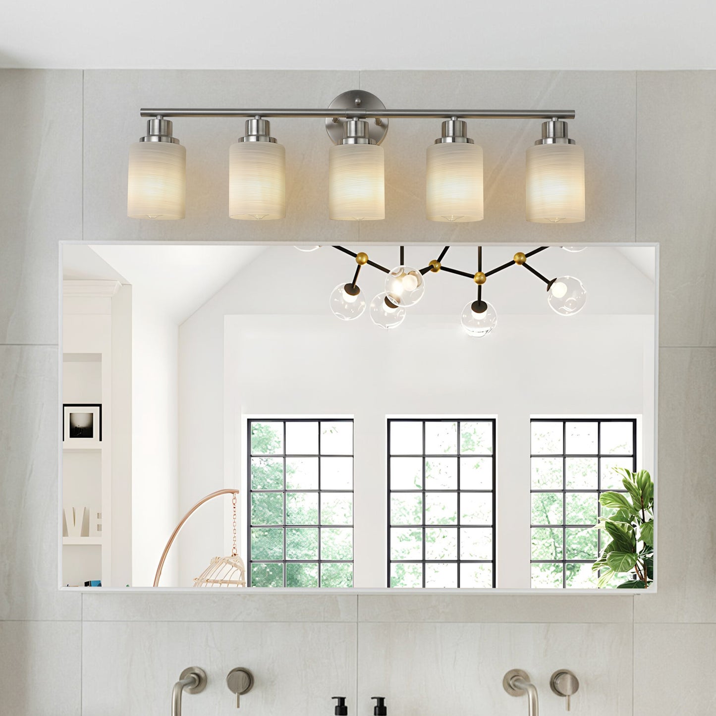 31 Modern 5-Light Vanity Wall Sconce, Brushed Nickel Finish With Frosted Glass Shades For Bathroom Or Hallway Lighting  No Bulbs