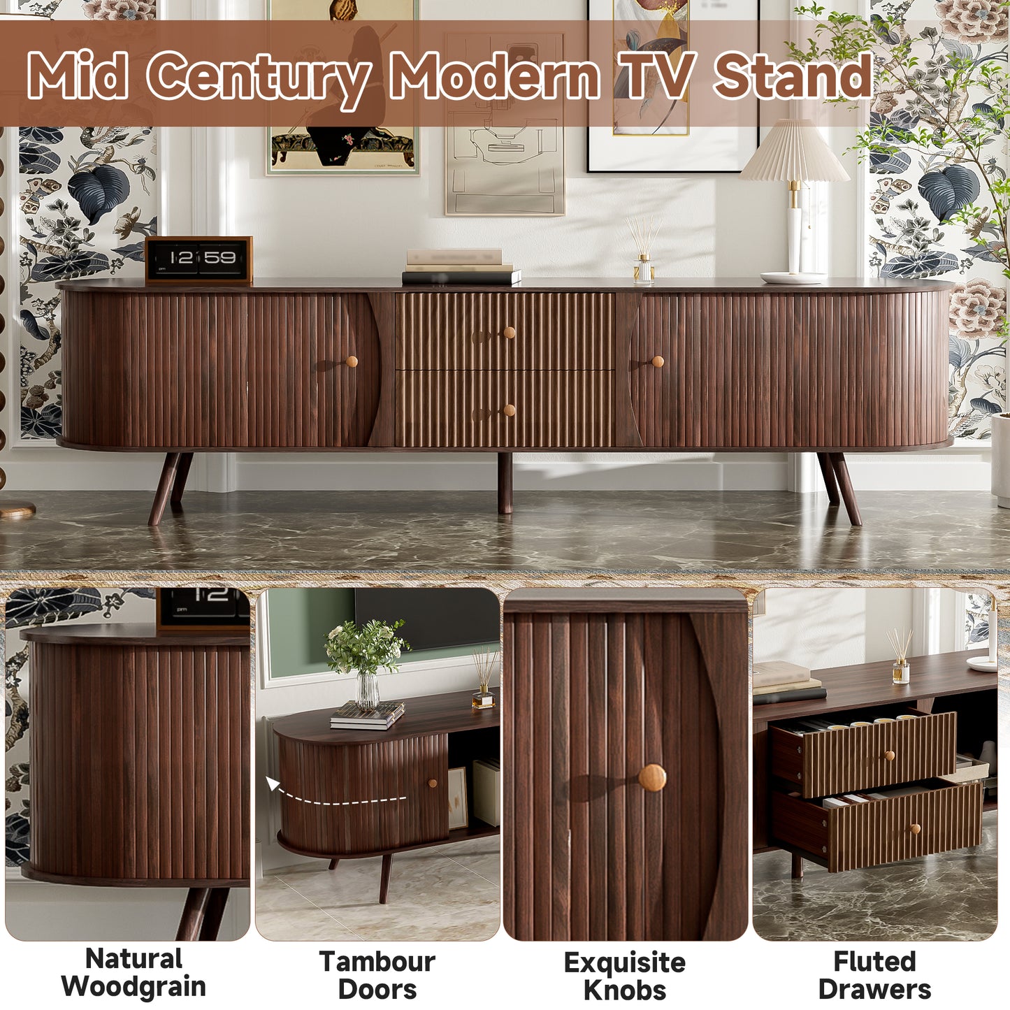 70 Inch Mid Century Modern TV Stand, TV Stand For 80 Inch TV, TV Stand With Tambour Doors, Fluted Drawers, TV Consoles For Living Room, Bedroom