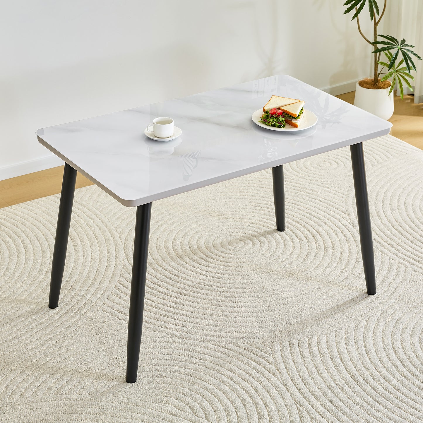 Modern Minimalist Rectangular Dining Table,suitable For 4-6 People.Tempered Glass Countertop Lower MDF Board,imitation Marble Texture,black Metal Tapered Legs.Suitable For Minimalist Restaurants.