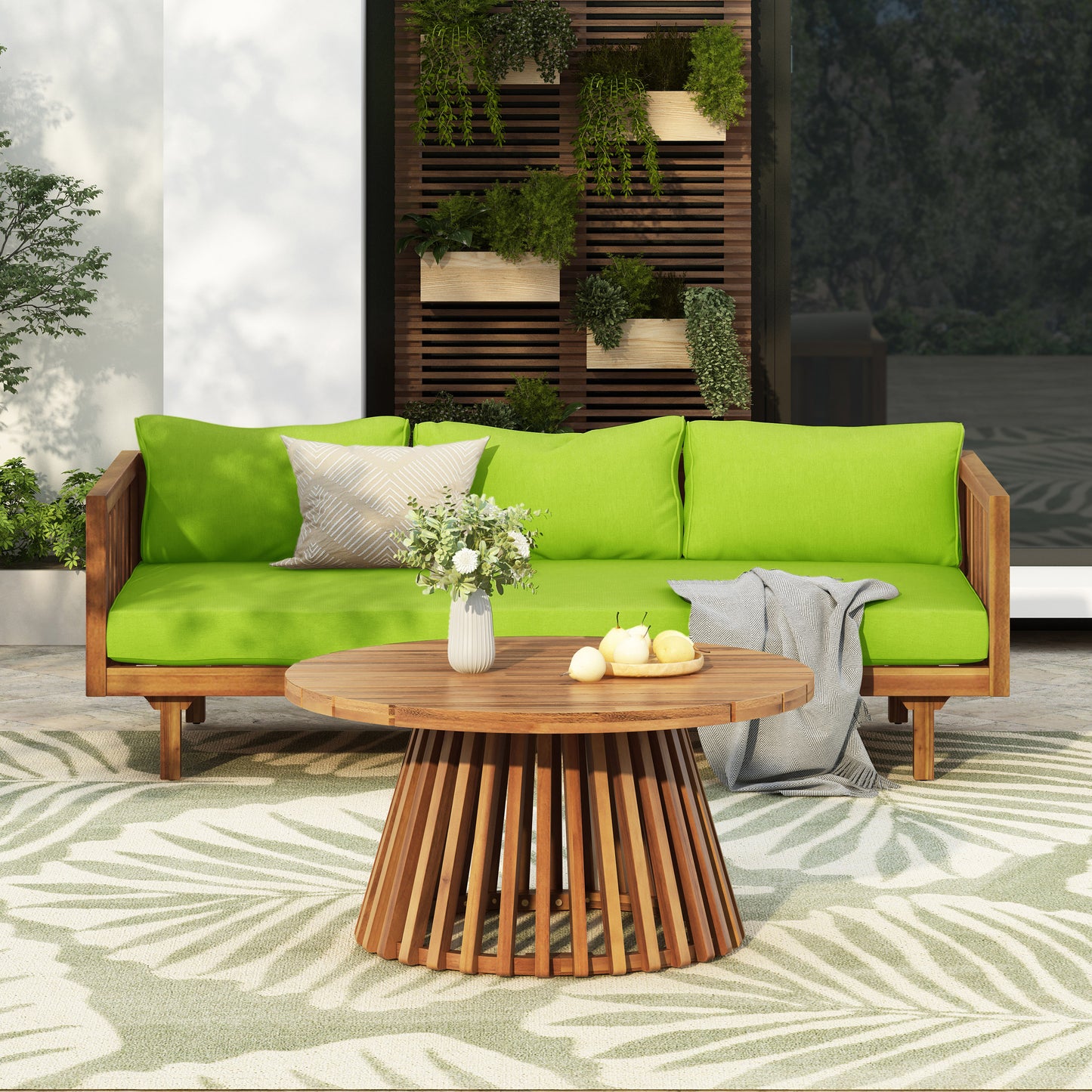 Acacia Wood Patio Furniture Set,Outdoor 3 Seater Daybed With Water Resistant Thick Cushions And Round Coffee Table, Green Cushion