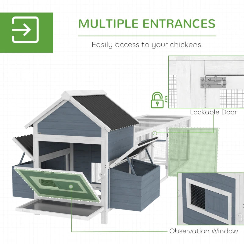 156Extra Large Wooden Chicken Coop With 2 Nesting Box, Run Cage, Waterproof Wave Roof, For 10-15 Chickens, Light Gray