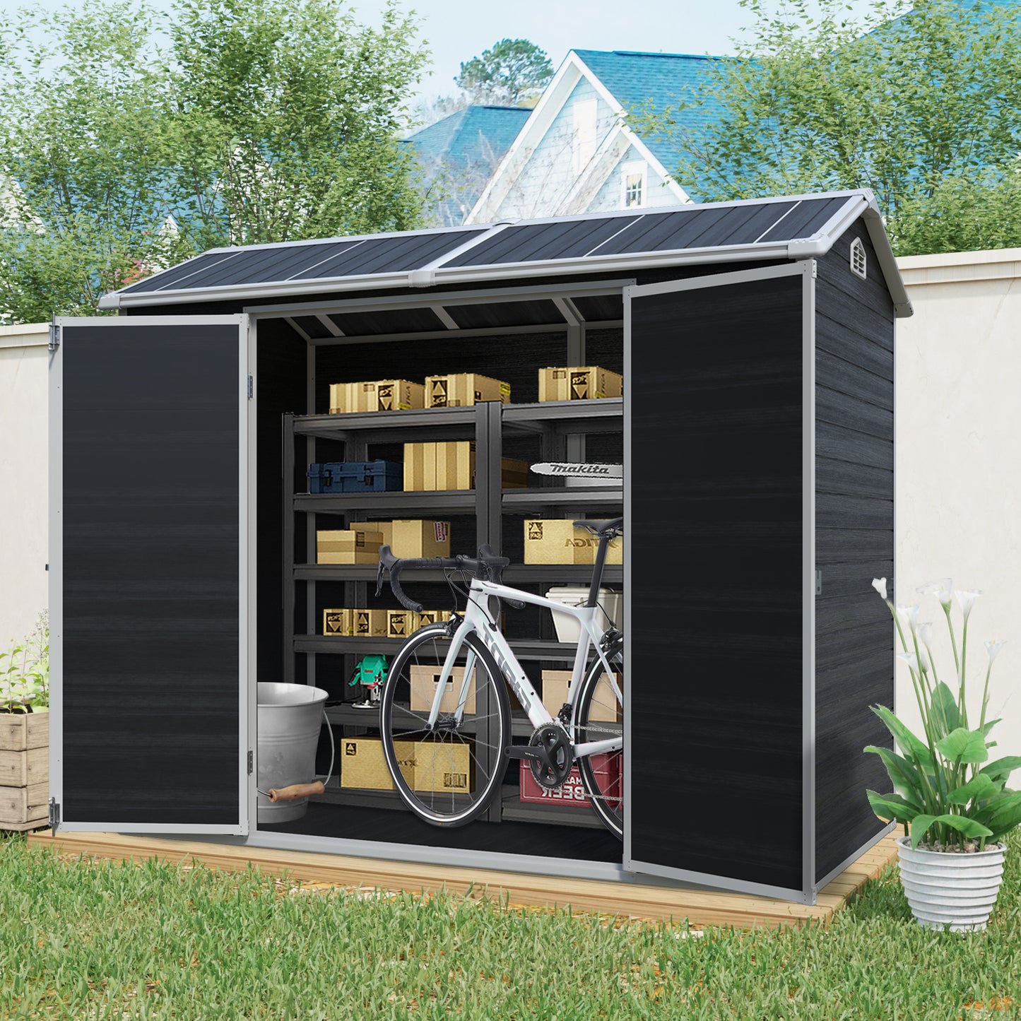 8 Ft X 4 Ft Outdoor Storage Shed With Two-Window And Double-Door, Plastic Shed With Floor For Gargen,Patio,Yard,Lawn,Black