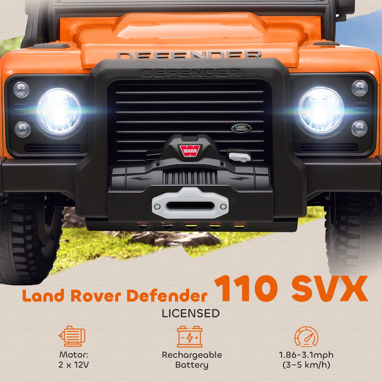 Land Rover Licensed Electric Car For Kids With Remote Control, Dual Motors, Spring Suspension, LED Lights, Orange