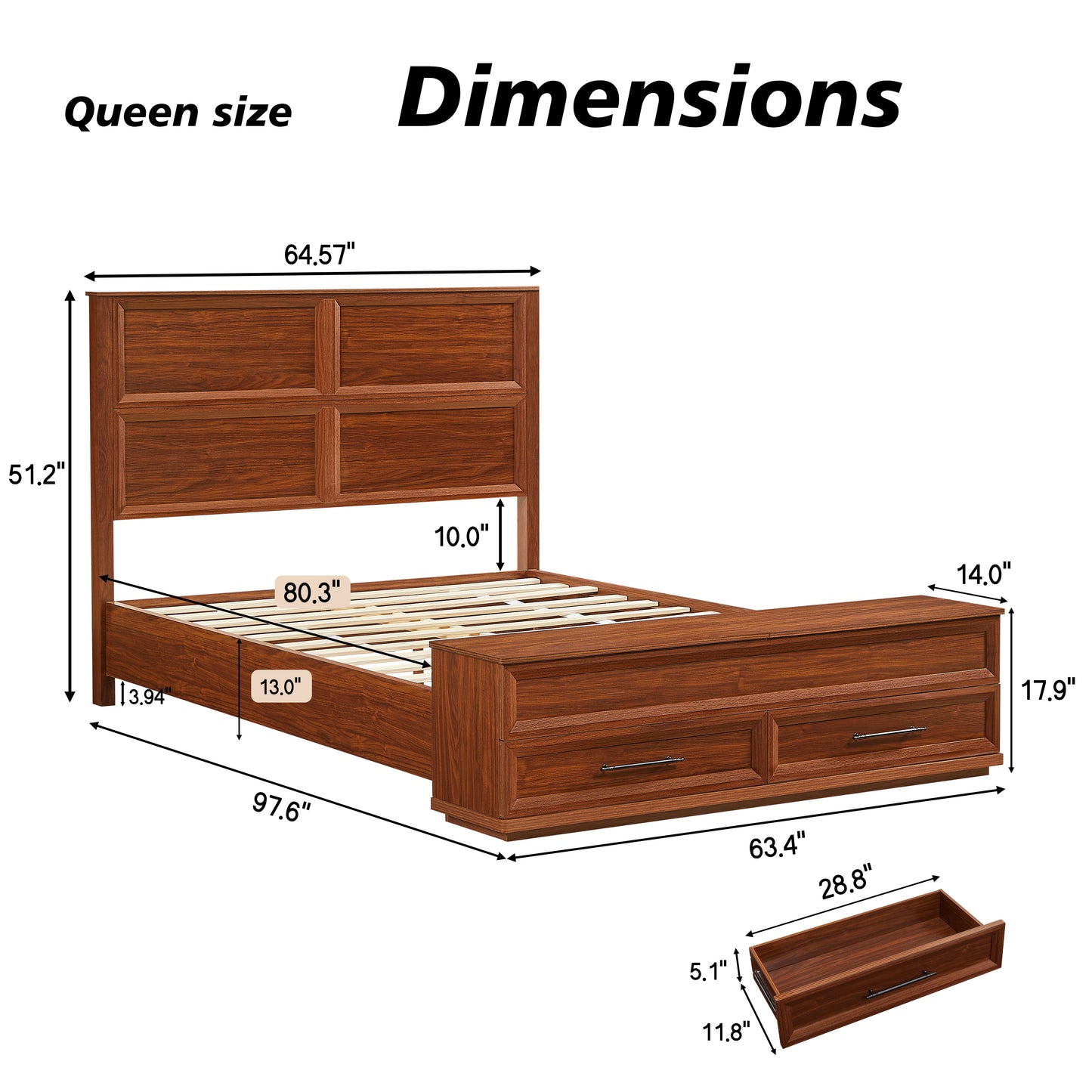Queen Size Bed With 3D Geometric Headboard & Storage Bench - 4-Drawer Storage, Modern Bedroom Furniture, Walnut.
