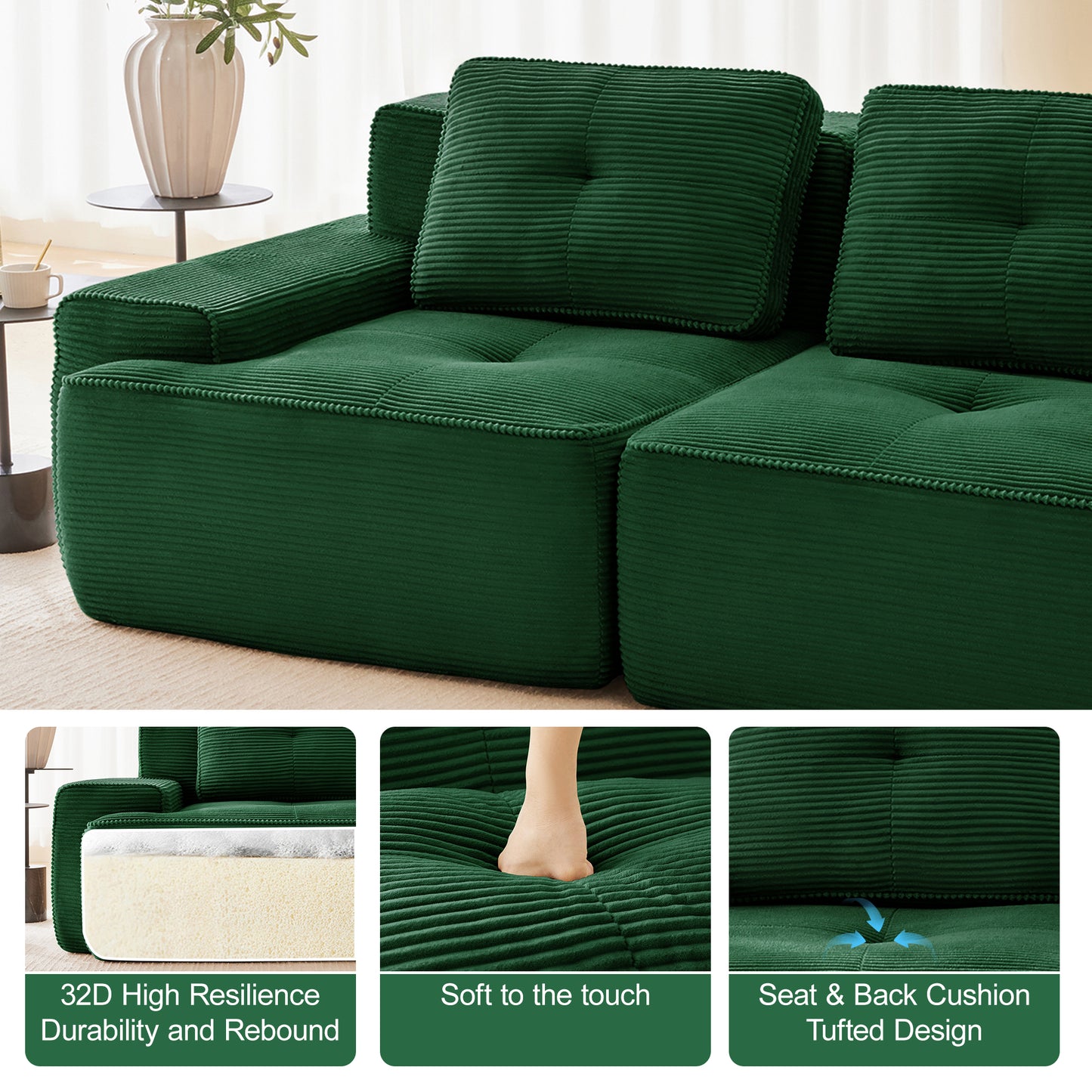 82 Modern L-Shaped Modular Sectional Sofa For Living Room, Corduroy Fabric, 2-Seater Couch With Deep Seat , Pearl-like Piping, Tufted Design, No Assembly, Anti-slip Design,Green