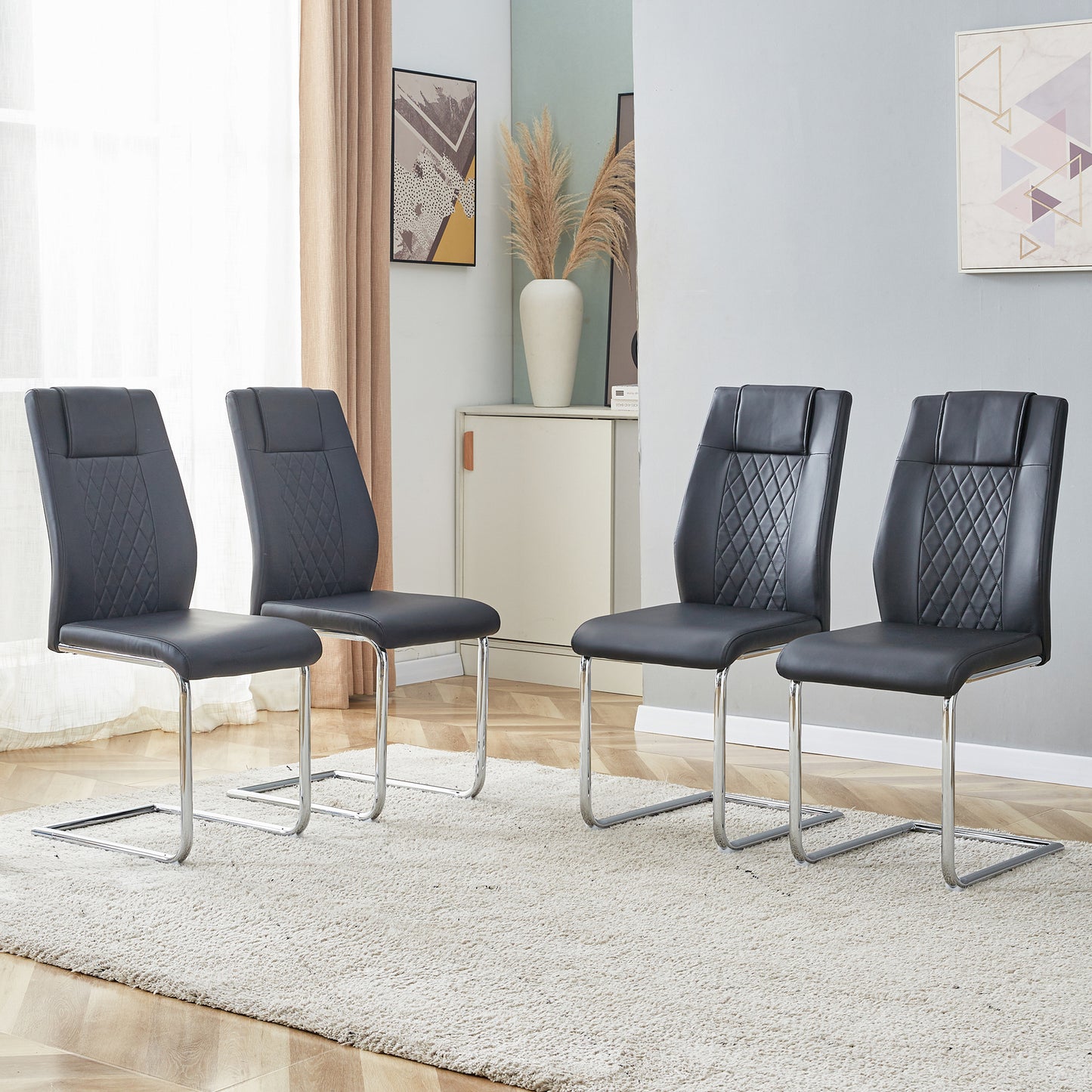 Modern Dining Chairs With Faux Leather Padded Seat Dining Living Room Chairs Upholstered Chair With Metal Legs Design For Kitchen, Living, Bedroom, Dining Room Side Chairs Set Of 8   Black  PU   C-001