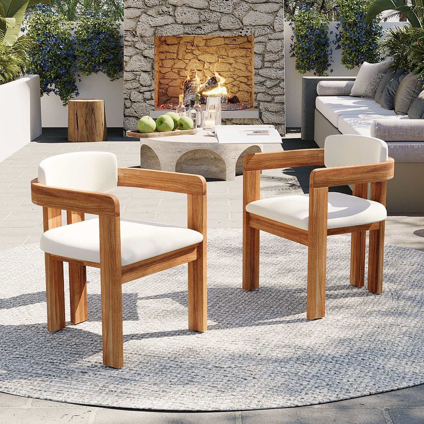 Set Of 2 Outdoor Acacia Wood Dining Chairs With Cushions, Modern Solid Wood Armchairs With Weather-Resistant Upholstery For Patio, Garden, Balcony & Backyard,Beige Cushion