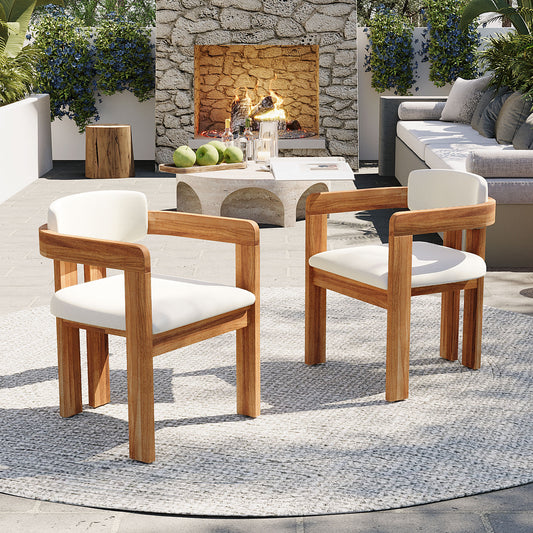 Set Of 2 Outdoor Acacia Wood Dining Chairs With Cushions, Modern Solid Wood Armchairs With Weather-Resistant Upholstery For Patio, Garden, Balcony & Backyard,Beige Cushion