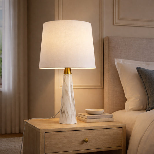Enclave Hydro White Table Lamp With On Off Switch Faux Marble Base Fabric Shade