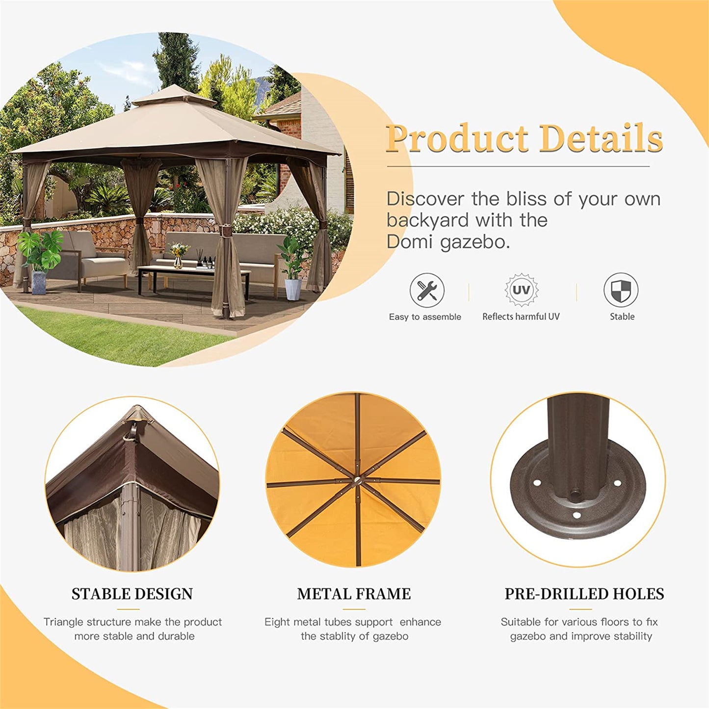 10 X13  Gazebo, Outdoor Gazebo With Mosquito Netting, Metal Frame Double Roof Soft Top Patio Gazebo Canopy Tent For Deck  Garden Lawns  Khaki
