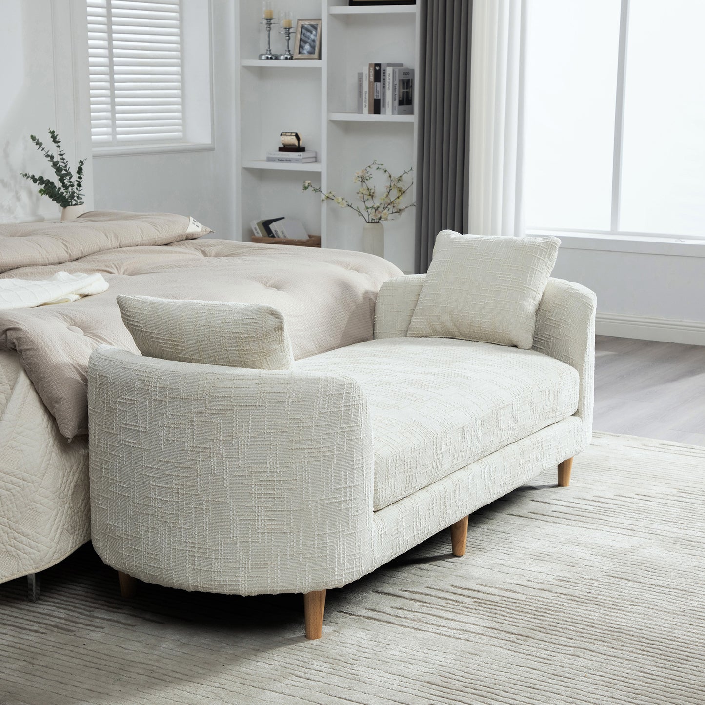 77.17 Wide Modern Upholstered End Of Bed Bench With Armrests, Chenille Chaise Lounge Couch With 2 Bolster Pillows, Daybed With Rubberwood Legs For Living Room,Bedroom,Apartment,Guestroom,BEIGE