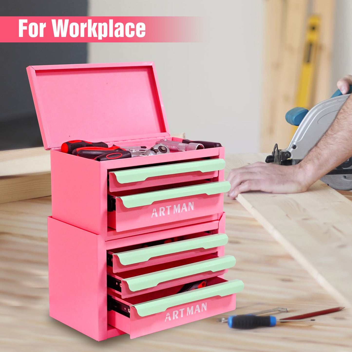 Drawer-style Desktop Storage Box, Office Workstation Organizing Magic Tool, Desk Stationery Storage Rack, Cosmetic Storage Cabinet--Pink-green Colo