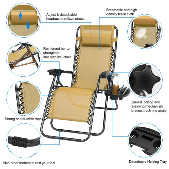 2Packs Zero Gravity Lounge Chair With Dual Side Tray 330lbs Load Foldable Recliner Chair