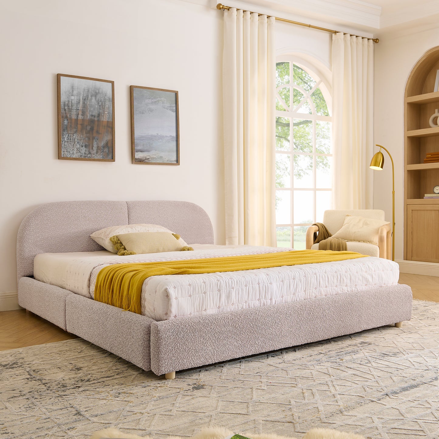 Queen Size Upholstered Bed Frame Modern Minimalist Style - Circle Yarn Fabric, Tall Curved Headboard, Sturdy Leg Support & Wheeled Drawer Storage, Mattress Not Included -Pink
